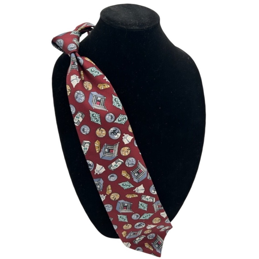 Oscar de la Renta Couture Banker Print‎ Silk Necktie Burgundy Coins Money Career